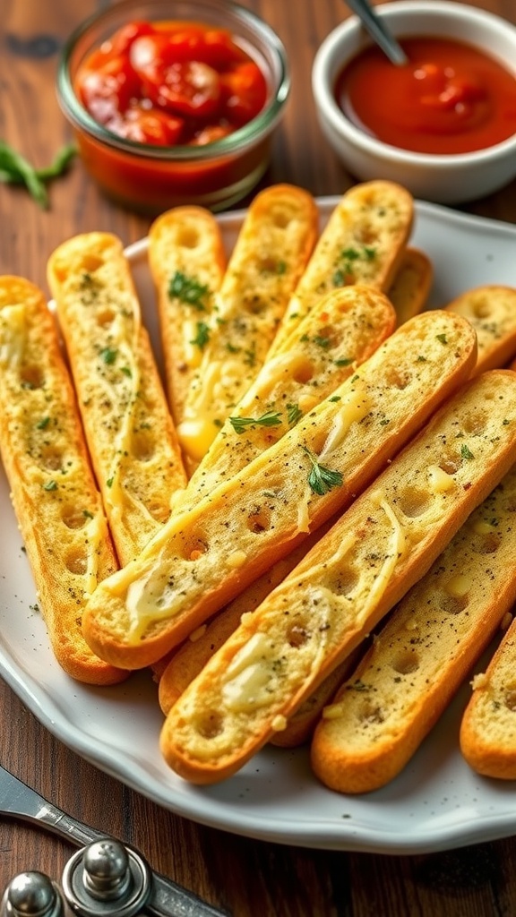 Golden garlic breadsticks on a plate with marinara sauce for dipping.